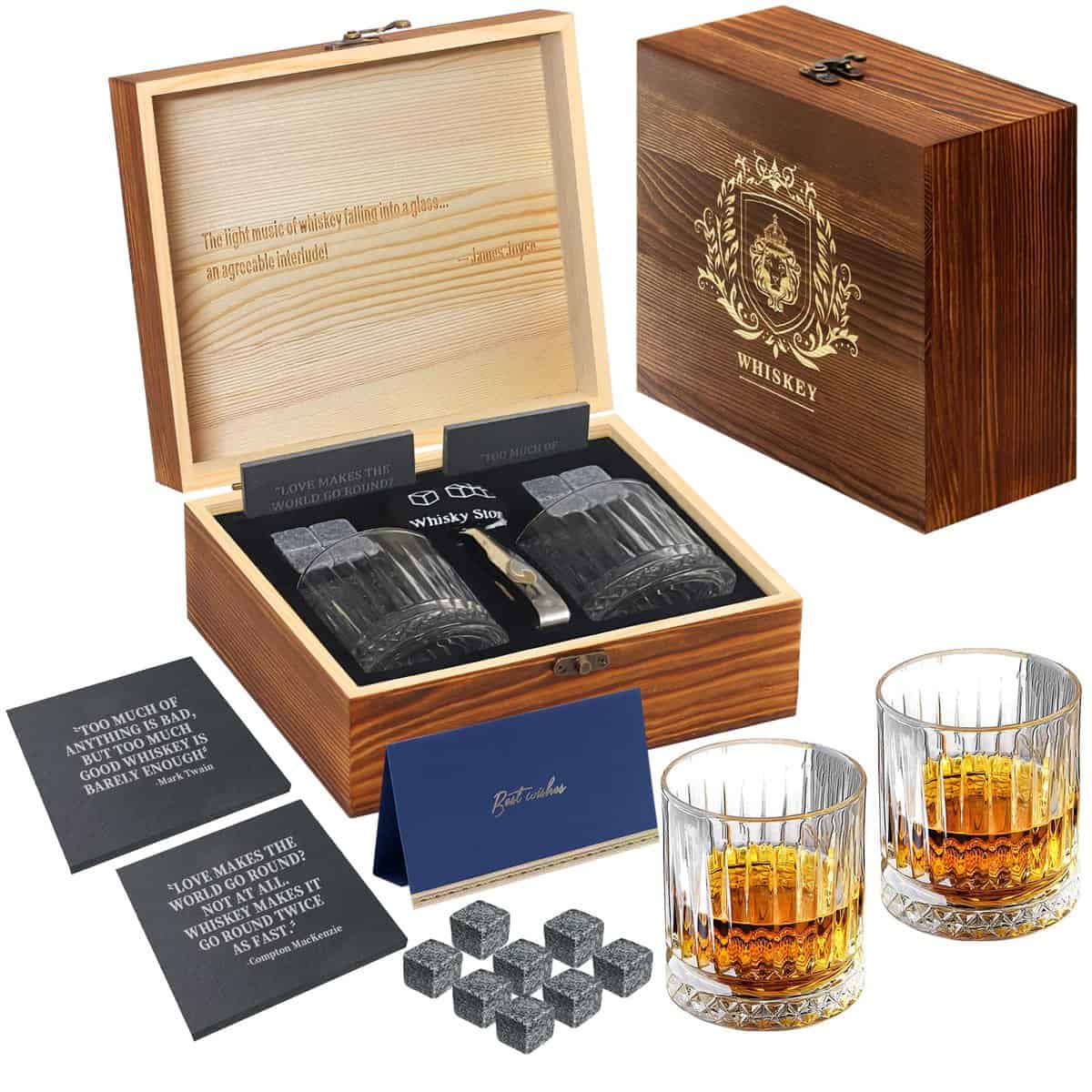 Whiskey Gift Set for Men, KAQ 8 Natural Whiskey Stones, 2 Personalised Stone Coasters, 2 Crystal Whisky Glasses in a Exquisite Wooden Box, Gift for Whisky Scotch Bourbon Lover