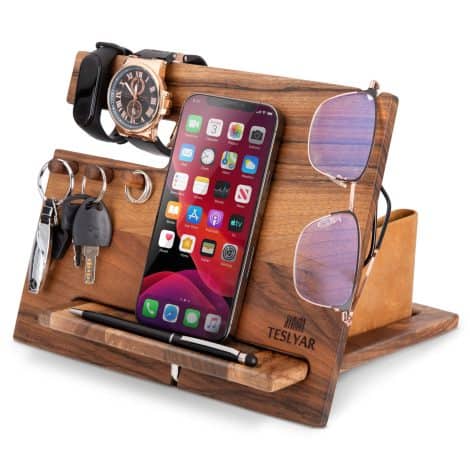 Teslyar Gift for Men – Handcrafted wooden phone docking station in natural walnut finish, perfect husband or dad gift. Ideal for desk, nightstand or as a key and wallet organizer.