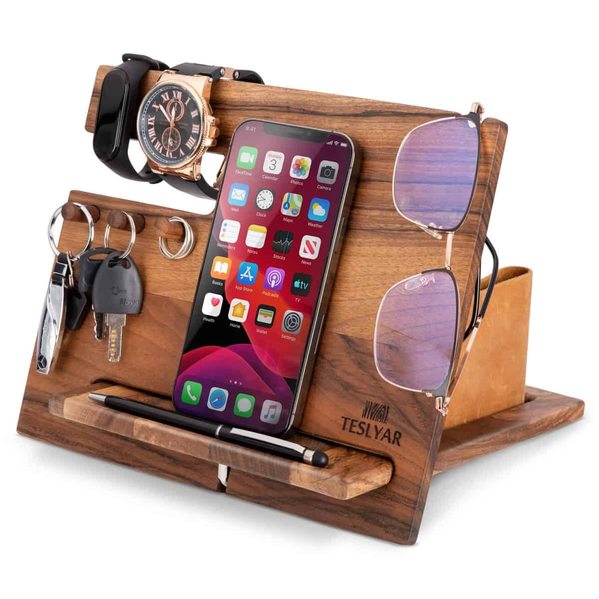 Teslyar Gift for Men Natural Walnut Wooden Phone Docking Station for Desk for Husband Gift for Dad Wife Anniversary Dad Birthday Nightstand Organizer Key Holder Wallet Stand (Beige)