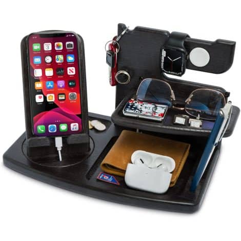 Black Wooden Phone Docking Station with Ash Key Holder and Wallet Stand, compatible with IWatch, ideal for Men’s Gifting.