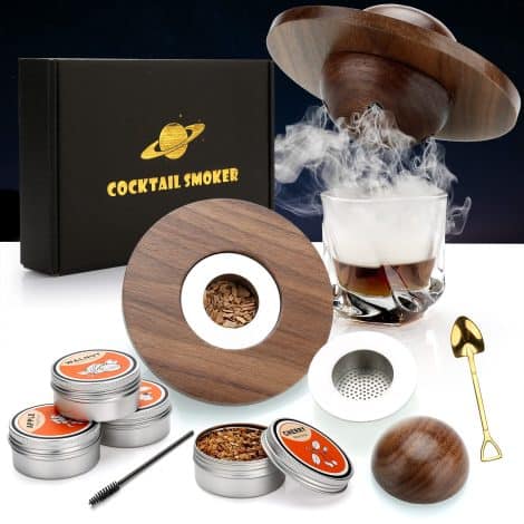 Walnut Whisky Smoker Set with 4 Wood Chips, ideal for adding smoke to cocktails, drinks and wine. Perfect gift for men.