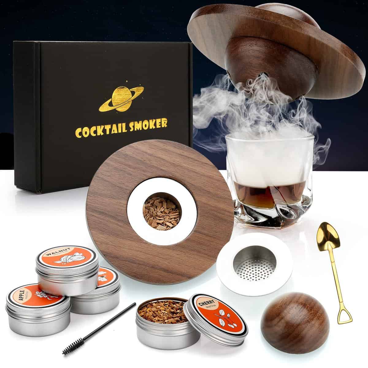 Cocktail Smoker Kit with 4 Wood Chips,Old Fashioned Whiskey Smoker Kit, Whisky Smoker for Drinks, Cocktails, Wine, Bourbon, Whiskey Gift Sets Gift for Men, Husband, Dad-Walnut