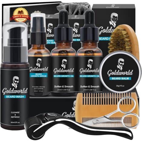 Beard Growth Grooming Set for Men with Derma Roller for Hair Growth, Perfect for Birthdays and Christmas, Includes Beard Oil, Shampoo, Balm, Comb and Brush.