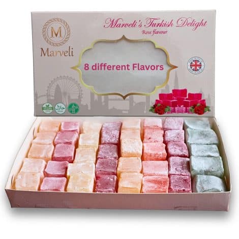 Vegan Turkish Delight Assortment Box includes 8 distinct flavors of gourmet, soft, halal, and gluten-free Oriental marshmallows.