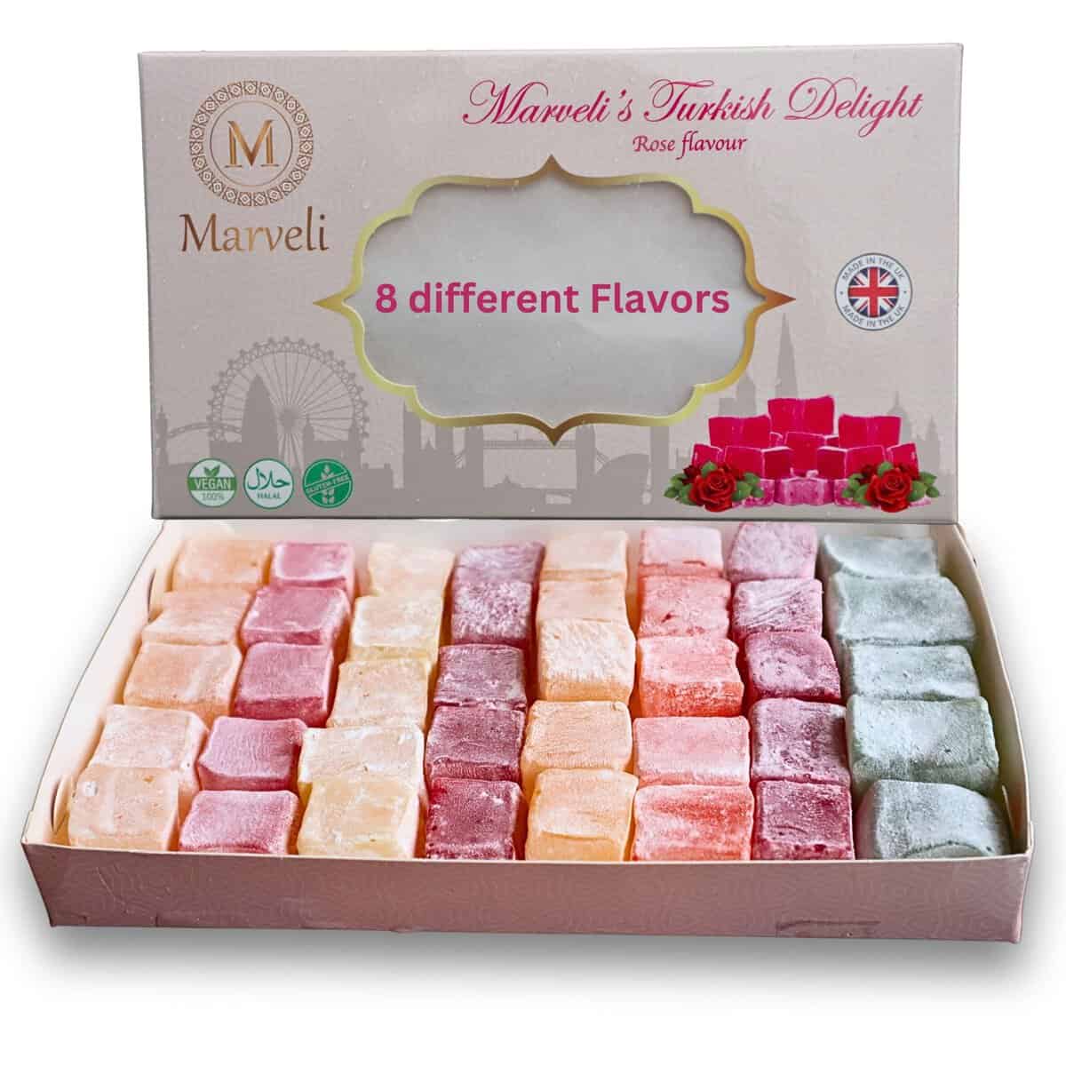 VEGAN Turkish Delight Mix Gift Box 8 different flavors Deluxe Sweets Oriental Marshmallow Gift Box Gourmet Soft Candy Vegetarian Halal Gluten Free 450 g