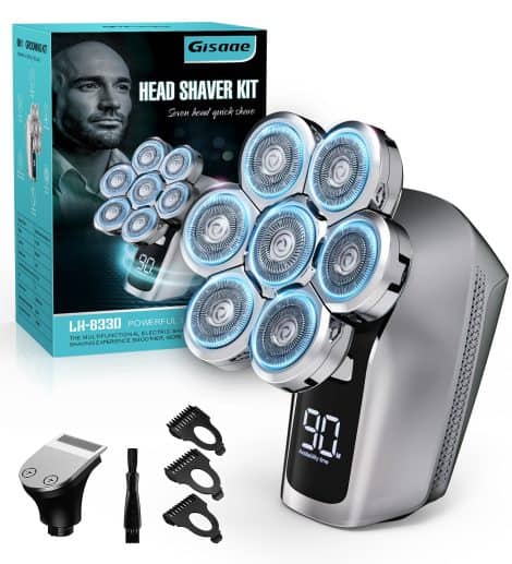 Gisaae 7D Rotary Shaver Kit for Men’s Bald Grooming with LED Display, Waterproof Electric Razor for Wet/Dry Use