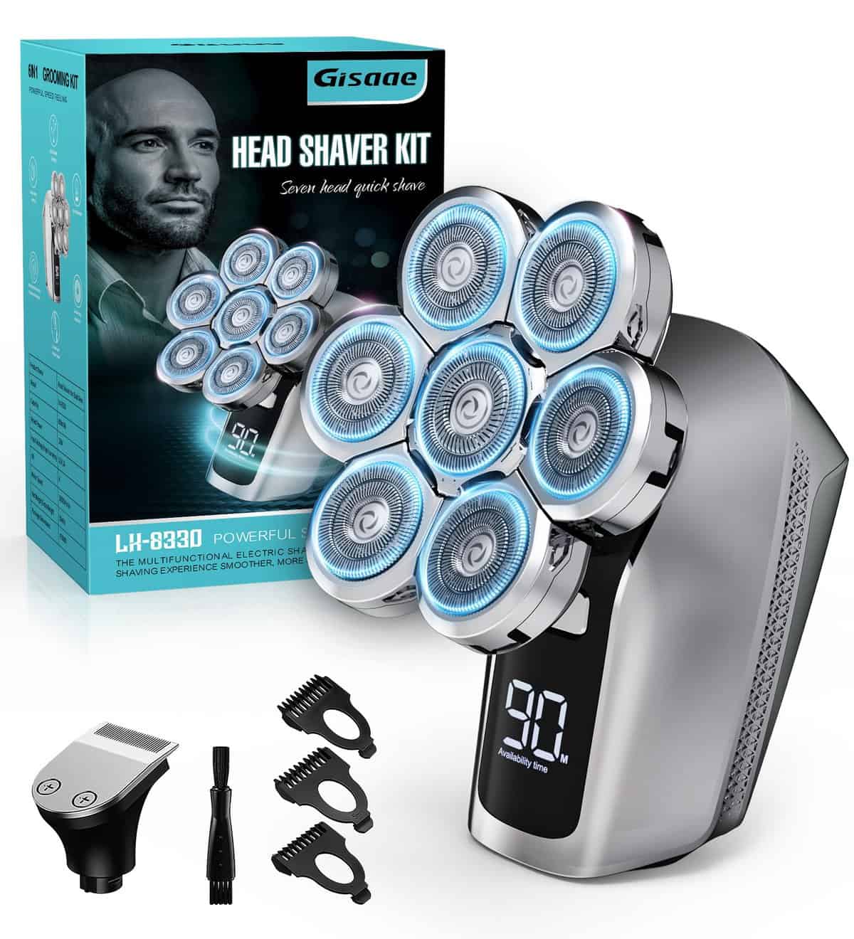 Gisaae Head Shavers for Men, Upgraded 7D Head Shaver for Bald Men, IPX7 Waterproof Wet/Dry Electric Razor, Rotary Shaver Razor Beard Grooming Kit with LED Display,Rechargeable Bald Head Razor