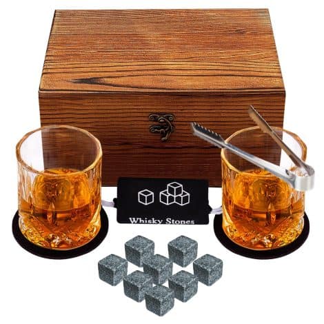 Whisky Stones and Glass Present Set for Men, KAQ 2 Whisky Tumblers and 8 Organic Whisky Stones in a Beautiful Wooden Case, Ideal Gift for Family and Friends on Christmas, Thanksgiving, Father’s Day, or Birthday.