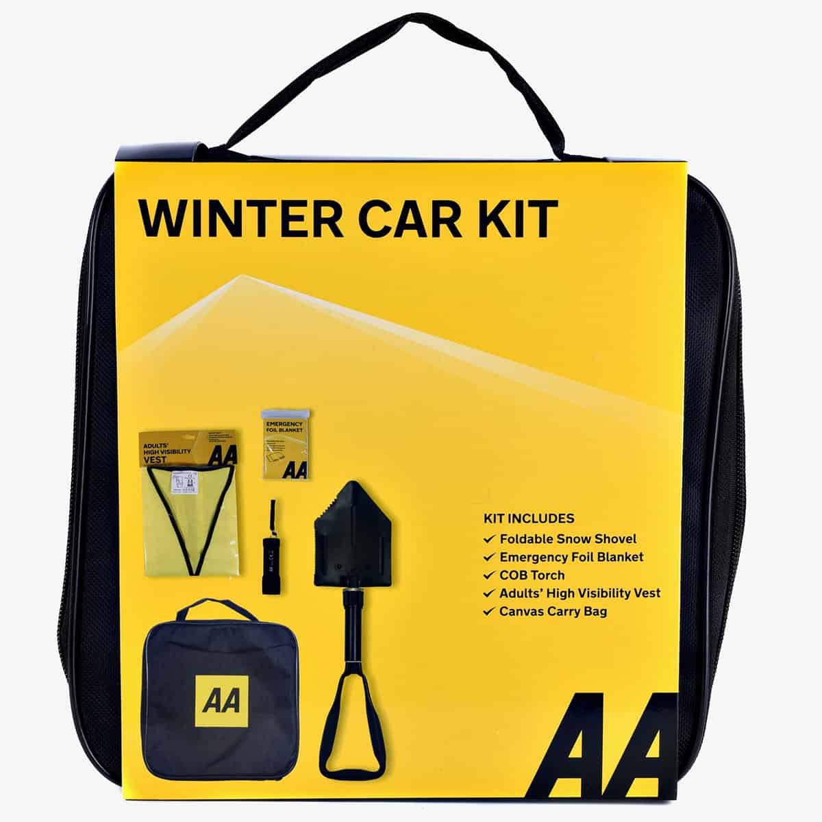 AA Winter Car Kit AA3386 - Folding Snow Shovel, LED/COB Torch, Foil Blanket, Hi-Vis Vest - Zipped Storage Bag  Suitable for Any Vehicle or Home, Black