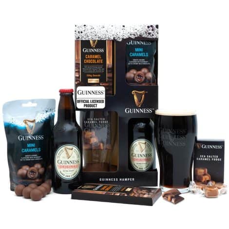 Guinness presents a hamper for men with a pint glass, chocolate, fudge, and other alcohol gift sets. Ideal Irish gifts for Christmas.