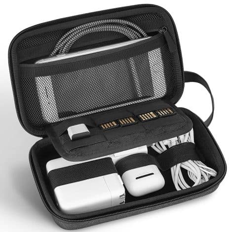 JETech Travel Accessories Organiser Case: Compact British travel bag for MacBook chargers, cables, power bank, mouse, pen, earphones, SD cards, and USB drives.