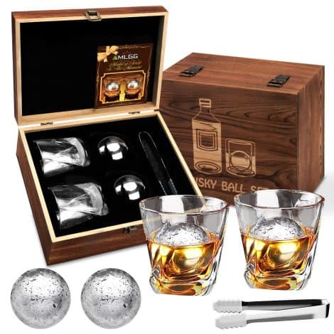 Men’s Whisky Gift Package, including Whisky Stones, 2 Glasses, 2 Whisky Balls, Tongs; Ideal for Celebratory Occasions.