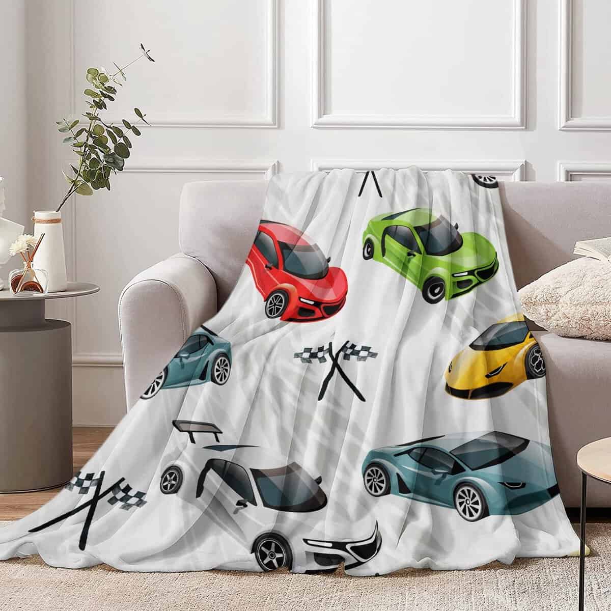 Racing Car Theme Throw Blanket for Kids, 130 x 150 cm Multicolor Sport Race Cars Fluffy Plush Blanket for Boys Gift, Soft Car Flannel Blanket with Race Checkered Flag for Children Teen Bed Couch Decor