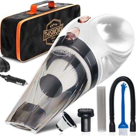 ThisWorx Automobile Vacuum Cleaner – Compact Handheld Vacuum w/Powerful Suction – 12V, 4.8m Cable & Bag – 5 Accessories – Car Cleaning Kit Must-Haves for Travel, Motorhome