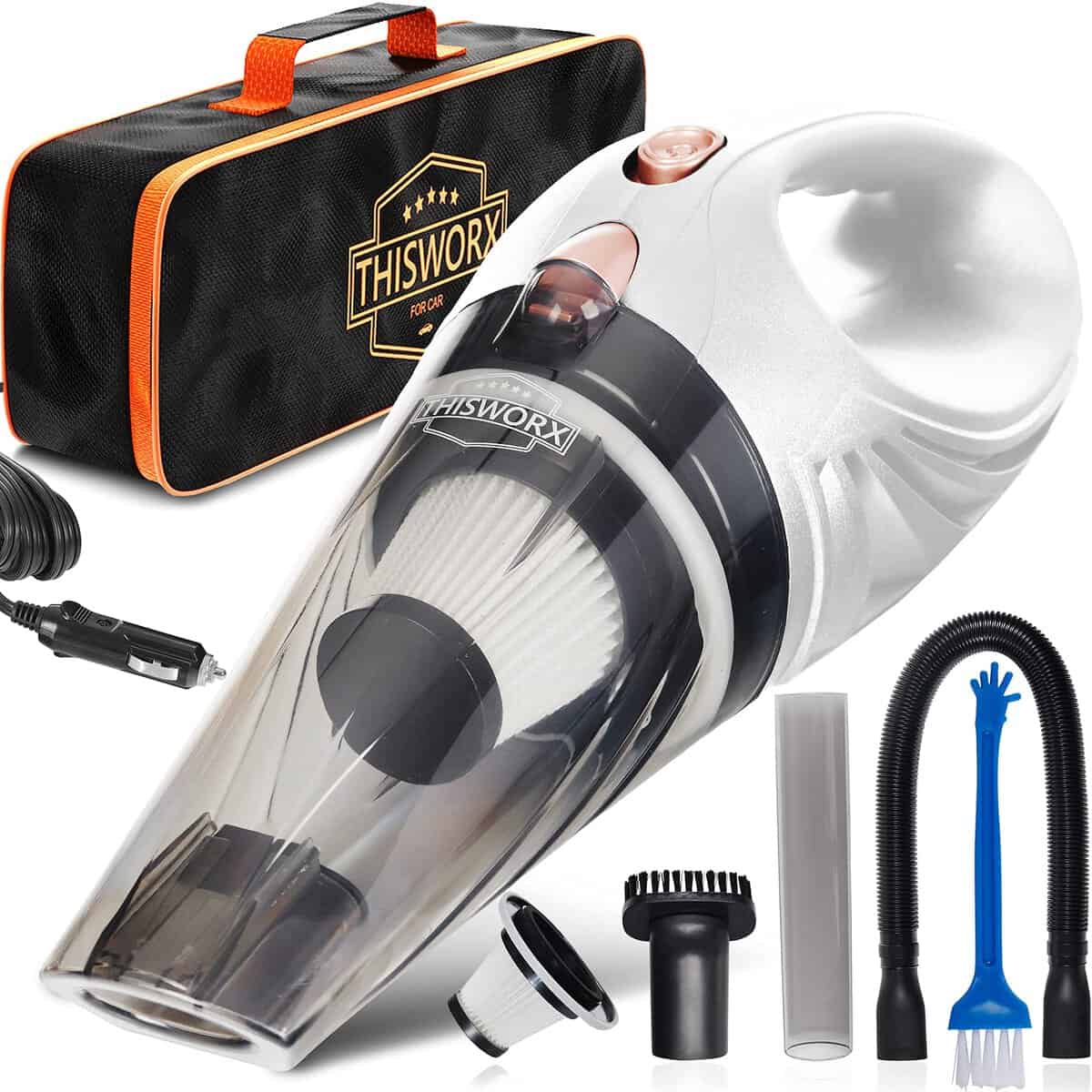 ThisWorx Car Vacuum Cleaner - Portable Handheld Vacuum Cleaner w/Strong Suction - 12V, 4.8m Cord & Bag 5 Attachments - Car Hoover Detailing Kit Essentials for Travel, RV Camper