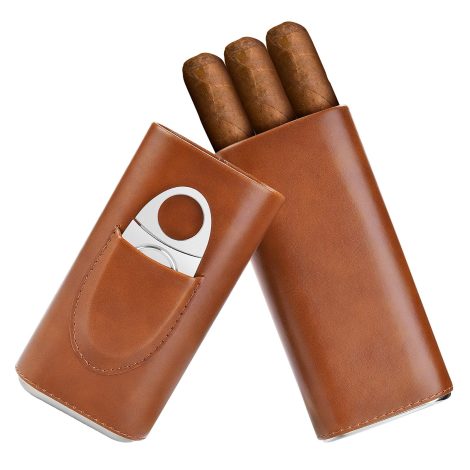 Brown Cigar Case for Travel – Accessories for Cigar Humidors – Cutter Gift Box for Men.