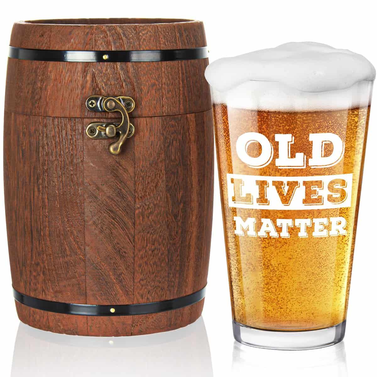 LIGHTEN LIFE Old Lives Matter Beer Glass 16 oz,Unique Pint Glass in Barrel Box,Cool Birthday or Retirement Gfit for Husband,Dad,Grandpa,Senior Citizen,Over The Hill Gag Gifts for Old Men