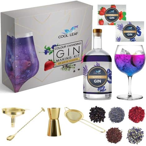 Cool Leaf Gin Making Kit – Ideal Gin Present for both Gentlemen and Ladies | Enchantingly Change the Hue of Gin | Lavender & Strawberry Pink Gin | Gold Cocktail Spoon, Jigger, Strainer & Funnel Presented in a Gift Box