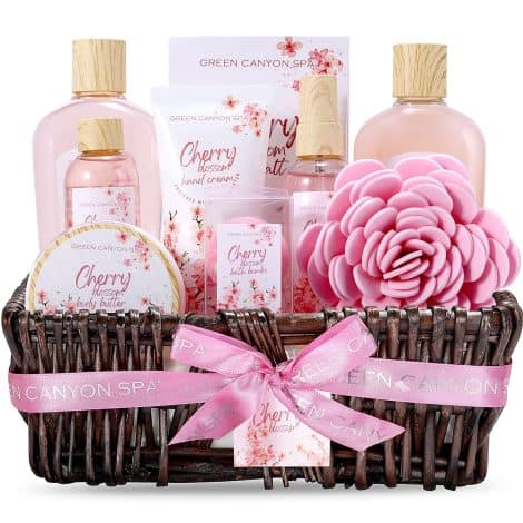 Birthday Presents for Women, 11 Pieces Cherry Blossom Bathroom Gift Set with Essential Oil and Handmade Basket. Spa Package for Christmas.