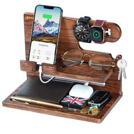 Christmas Presents for Men, Wooden Phone Docking Station, Bedside Organizer, Xmas Gift Ideas for Dad, Husband, and more.