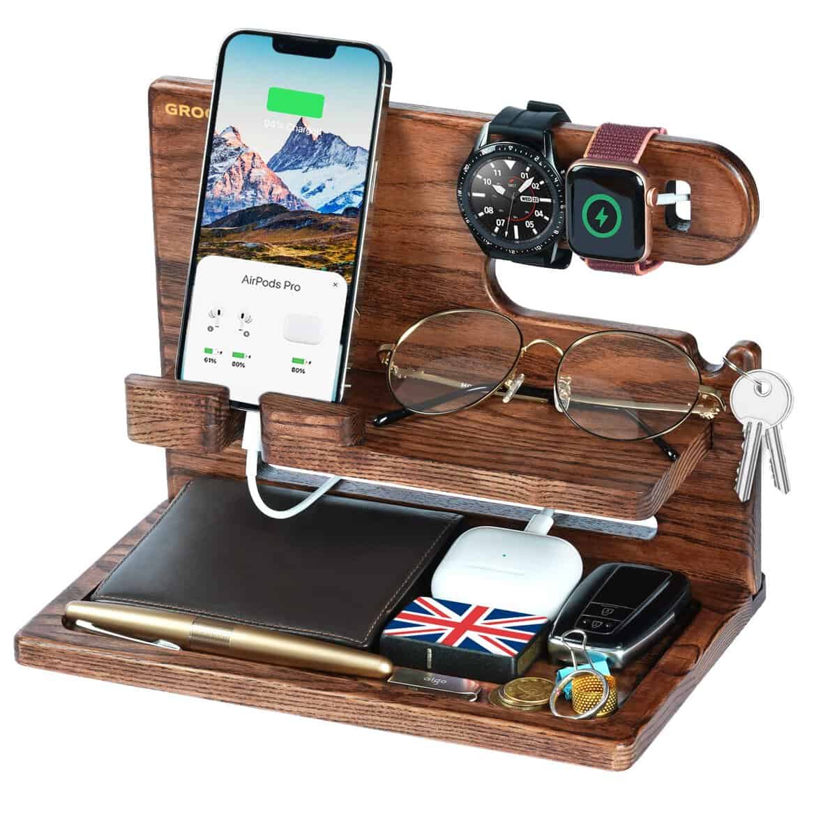 Christmas Gifts for Him Bedside Organiser, Xmas Birthday Gifts Ideas for Dad Daddy Grandad from Daughter Son, Wood Phone Docking Station Anniversary Christmas Presents for Men Women Husband Boyfriend