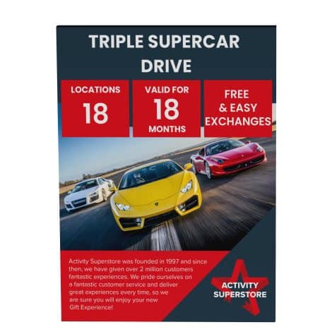 Activity Superstore Triple Supercar Drive is a gift experience voucher, redeemable at 18 UK locations, valid for 18 months. Perfect for driving enthusiasts on special occasions.