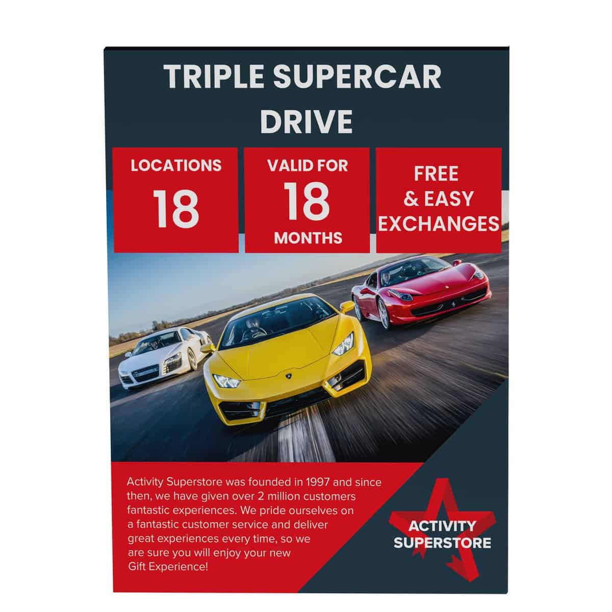 Activity Superstore Triple Supercar Drive Gift Experience Voucher, Available at 18 UK Locations, 18-month Validity, Experience Days, Driving Gifts, Track Days, Birthday Gifts