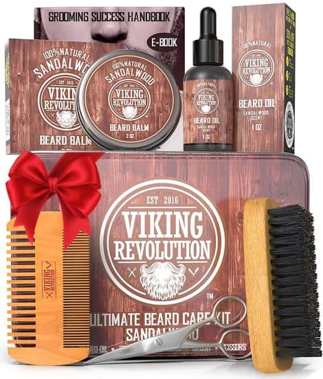 Viking Revolution Ultimate Facial Hair Care Set for Men: Boar Bristle Brush, Wooden Comb, Sandalwood Balm/Oil, Scissors.