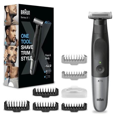 Braun XT5 Series  A versatile men’s grooming tool that trims, shaves, and grooms body hair, with added travel convenience.