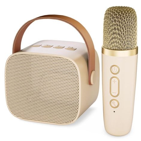 Wowstar Mini Karaoke Machine for Children, Music Player Toys for Giving to Boys and Girls aged 4 to 10, Perfect for Birthdays and Home Parties, Portable Bluetooth Speaker with Wireless Mic in Beige Color.