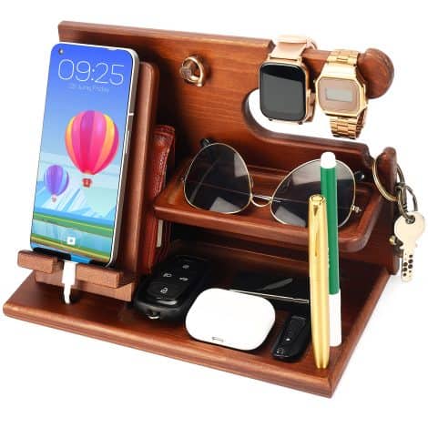 Wooden Phone Docking Station for Nightstand/Bedside Table Organization – Holder Stand for Phone, Wallet, Watch, Keys & Gadgets – Ideal Gift for Men – Husband/Father Accessories