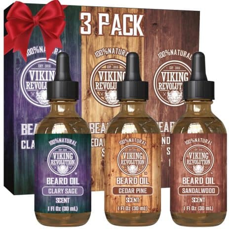 Viking Revolution Men’s Beard Oil Set – 3 Pack of Natural Variety – Sandalwood, Pine & Cedar, Clary Sage – Nourishing and Hydrating Blend for Promoting Beard Growth.