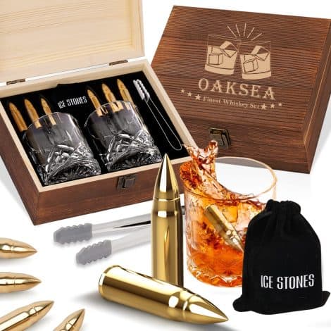 British English paraphrase of the product name in 15 words: Whisky Rocks Glass Gift Set with 6 Whisky Stones & 2 Tumblers, Christmas Whisky Gifts for Gentlemen, Men’s Christmas Ice Cubes, Reusable Whisky Rocks, Secret Santa Prizes Christmas Gifts for Him.