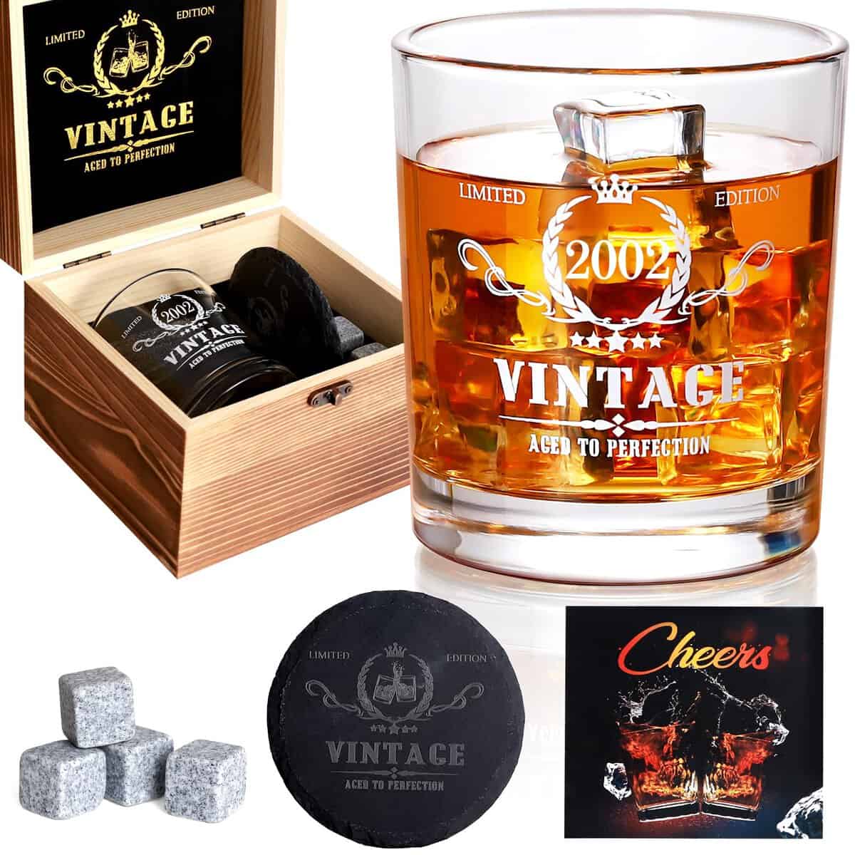 21st Birthday Gifts for Men, Vintage 2002 Whiskey Glass Set - 21 Years Anniversary, Bday Gifts Ideas for son, Husband, BoyFriend, Friends - Wood Box & Whiskey Stones & Coaster