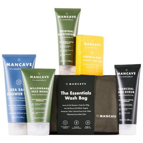 ManCave All-In-One Men’s Toiletries Kit contains shower gel, shampoo, body bar, moisturizer, face scrub, and wash. Eco-friendly and vegan, made in England.