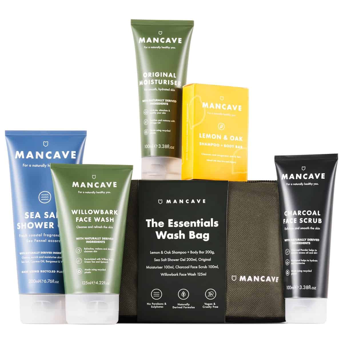 ManCave Complete Routine Men's Toiletries Wash Bag Essentials Gift Set for him with Shower Gel, Shampoo and Body Bar, Moisturiser, Face Scrub and Wash, Eco-friendly, Vegan, Made in England