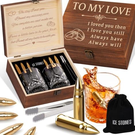 Whisky Rocks & Glasses Present Set for Your Spouse’s Christmas, 2 Scotch Tumblers and 6 Cooling Stones.