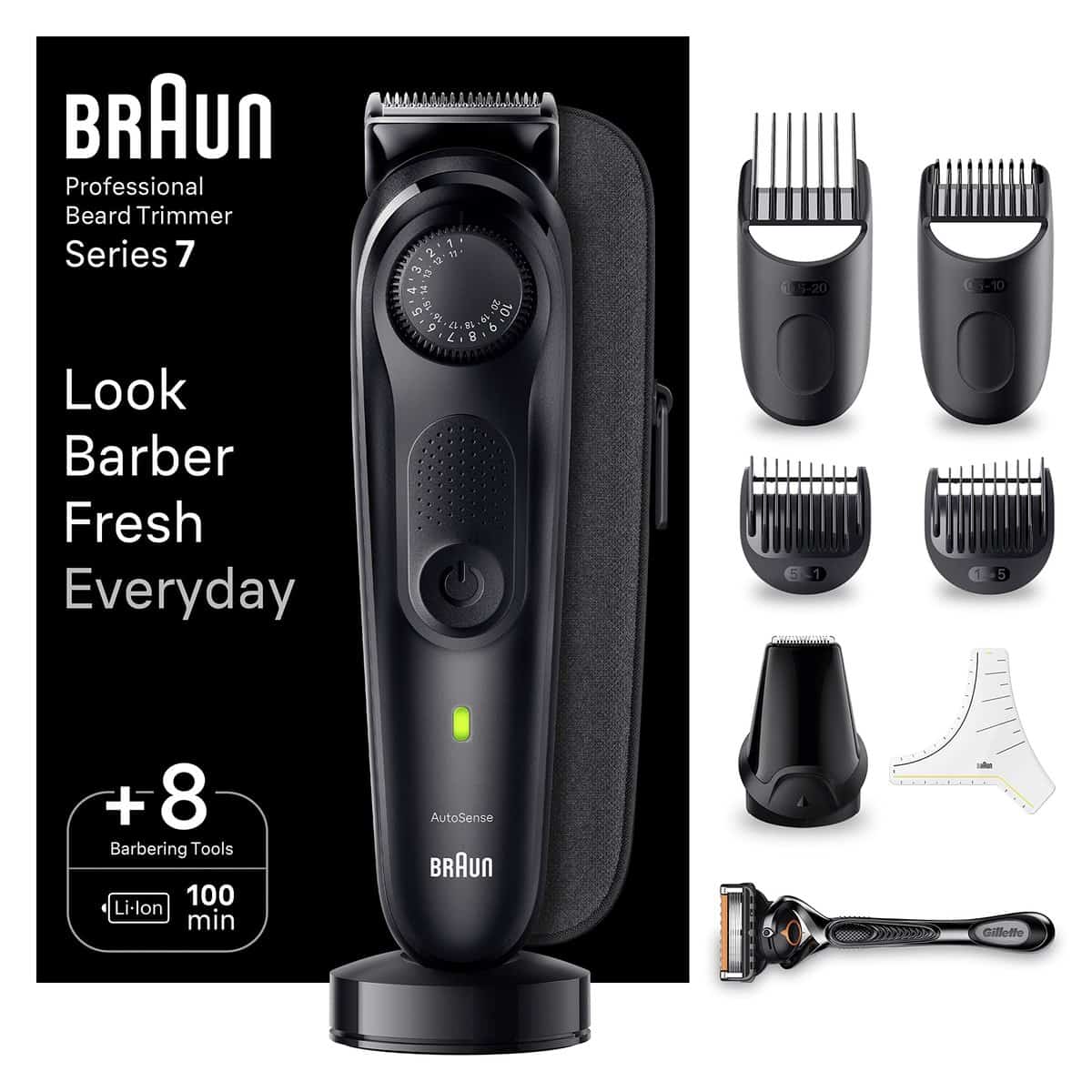 Braun Beard Trimmer Series 7 & Hair Clippers with Gillette Proglide Men's Razor, 40 Length Settings, Gifts for Men, 100-min Runtime, BT7440, Silver