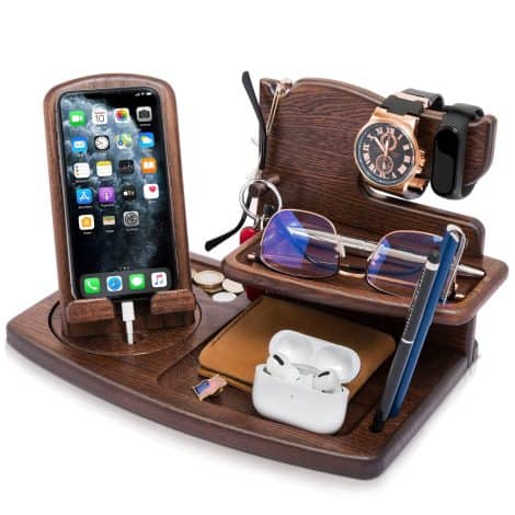 Ash Brown Wood Phone Docking Station Key Holder Wallet Stand Watch Organizer – Ideal Gifts for Men.