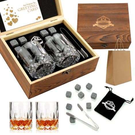 EXREIZST Whisky Stones, Whisky Glass Present Set, Whisky Rocks Chilling Stones in Handcrafted Wooden Box  Chilled without Dilution  Whisky Glasses Set of 2, Gift for Father, Spouse, Gentlemen.