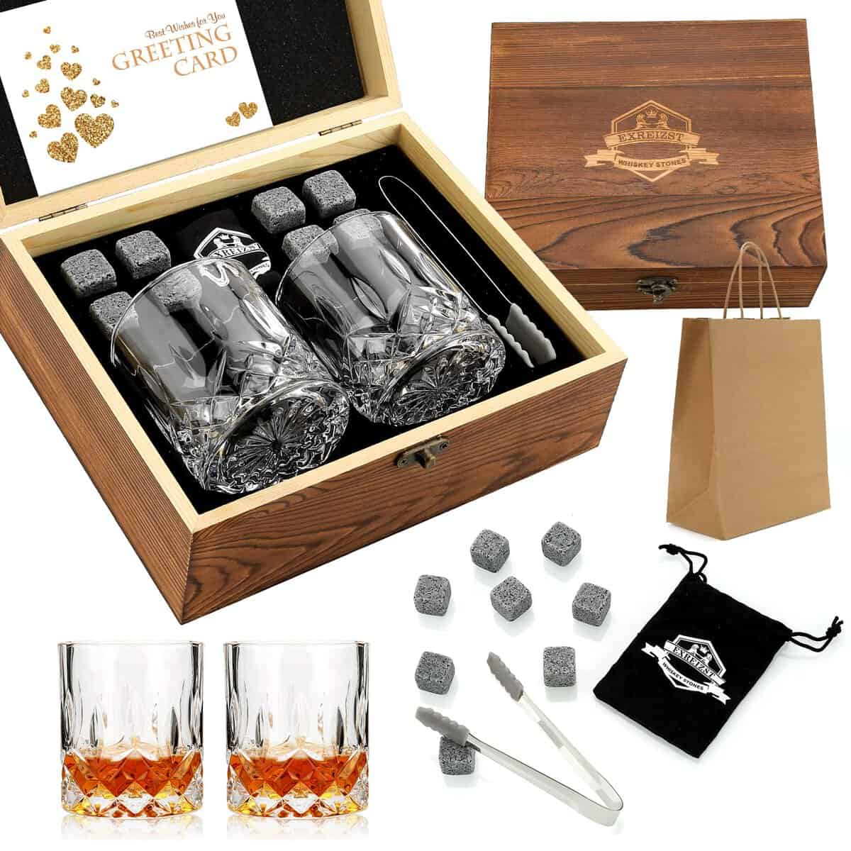 EXREIZST Whiskey Stones, Whiskey Glass Gift Set, Whisky Rocks Chilling Stones in Handmade Wooden Box Cool Without Dilution  Whisky Glasses Set of 2, Gift for Dad, Husband, Men