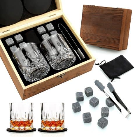 Sovyime Whisky Glass Gift Set for 2, Whisky Stones, Whisky Gift Sets for Men, 8 Whiskey Stones, 2 Crystal Whisky Glasses, Wooden Box Present, Birthday Gifts for Men, Dad, Husband, Valentines Day/Fathers Day.