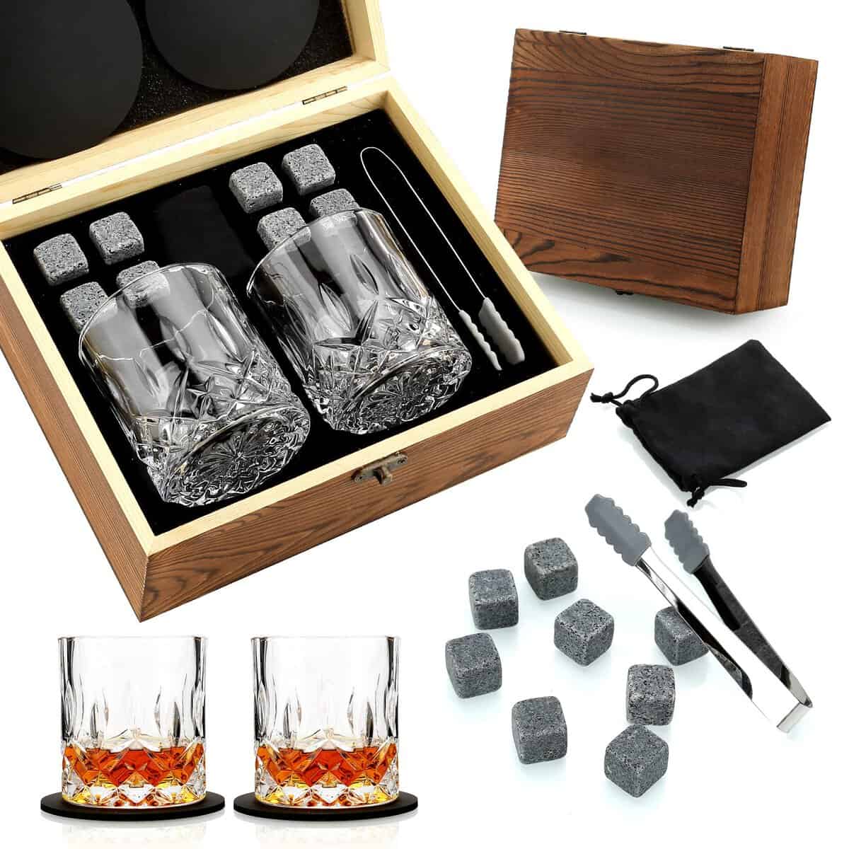 Sovyime Whiskey Glass Gift Set of 2, Whiskey Stones, Whiskey Gift Sets Men, 8 Whisky Stones 2 Crystal Whisky Glasses Wooden Box Present, Birthday Gifts Men, Dad, Husband Valentines Day/Fathers Day