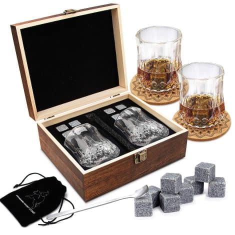 Whiskey Glass Gift Set, 8 Granite Wine Rocks, 2 Whiskey Tumblers with Stainless Steel Spoon, 2 Coasters & Storage Bag in High-Quality Wooden Box, Reusable Ice Cubes, Valentine’s Gift for Male Friend.