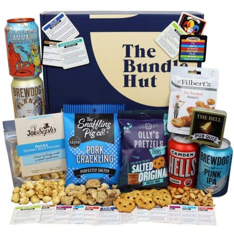 Craft Beer Gift Set Hamper for Men from The Bundle Hut: Pub in a Box contains 4 Craft Beer Cans, Snacks, and Pub Quiz Game – Ideal Birthday Gift for Men, Dad, or Beer Enthusiasts (Blue Box)