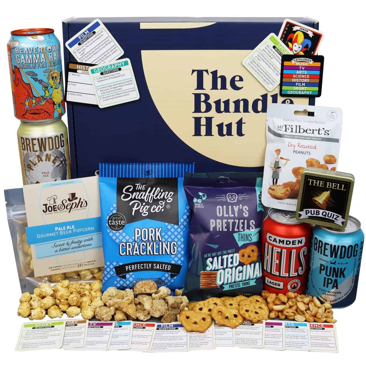 Craft Beer Gift Set Hamper for Men from The Bundle Hut: Pub in a Box Includes 4 Craft Beer Cans, Snacks and a Pub Quiz Game - Birthday Gift for Him, Beer Gift for Dad (Blue Box)