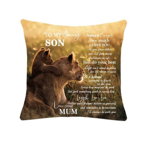 Axmosto Lion Cushion Cover for Mother and Baby, Sentimental Son Gift from Mum, Inspiring Quote Pillowcase, 45_x 45_cm (axmosto-012)