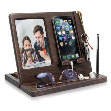 Teslyar Wooden Phone Docking Station with Photo Frame, ideal for organizing desk space and gifting on special occasions.