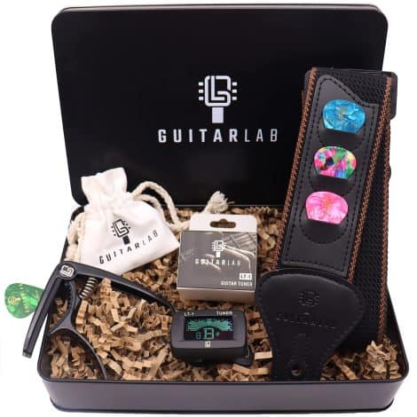 Guitar Lab Guitar Accessories Pack – High-quality Metal Tin with Strap, Capo, Tuner, and Picks – Ideal Gift for Guitar Players.