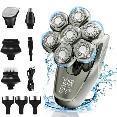 Men’s Rotary Head Shaver with 7D Upgrades, IPX7 Waterproof Wet/Dry Electric Razor, LED Display, Travel-friendly Rechargeable Beard Grooming Kit.